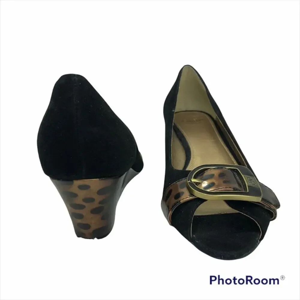 Joan & David Luxe CJ Shayna Black Suede Leopard Wedge Heels 8.5